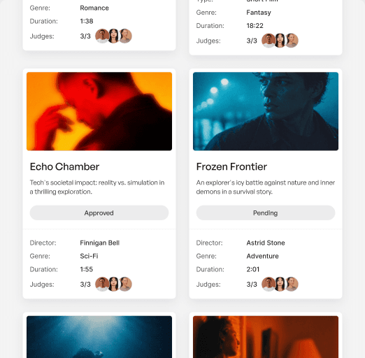 Project submission cards preview for festival organizers.