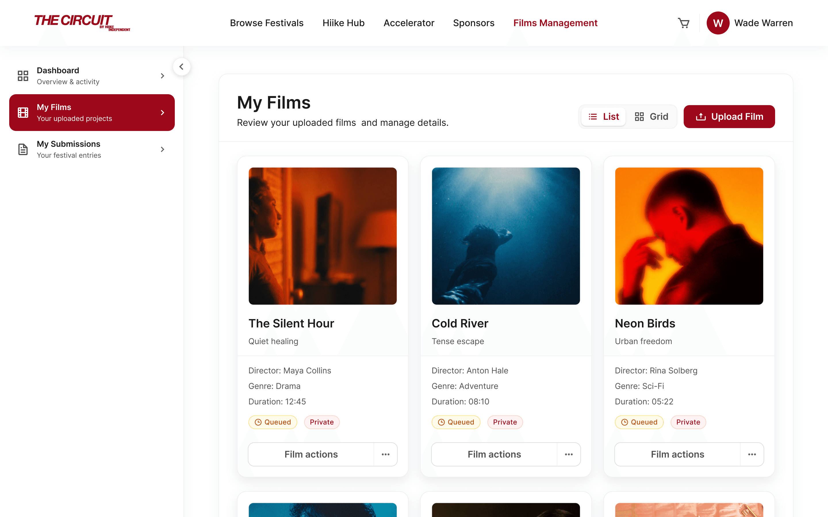 The Circuit films management screen